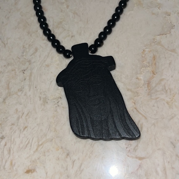 All Black Wooden Jesus Piece Necklace - Picture 2 of 4